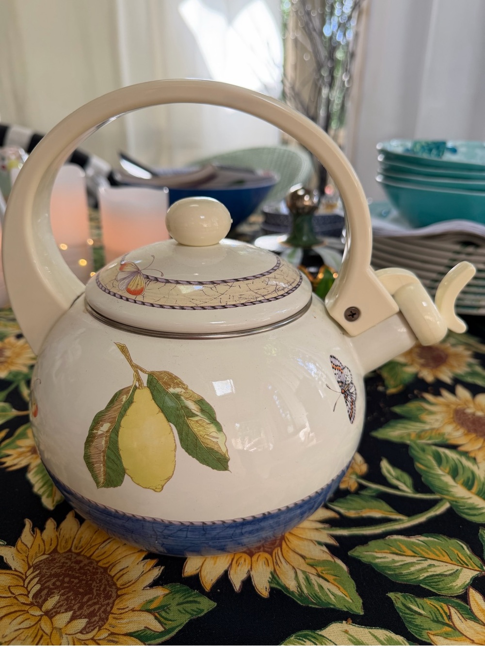 Wedgwood Cream Teapot with Lemon and Blue Band Sarah’s garden